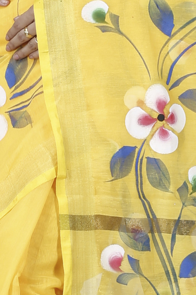Yellow Blended Cotton Tonika Hand Painted Saree (1219)